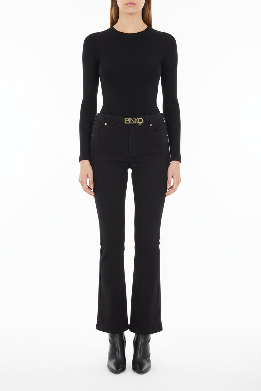 Pinko jeans flare in denim stretch con cinta nero - mem39