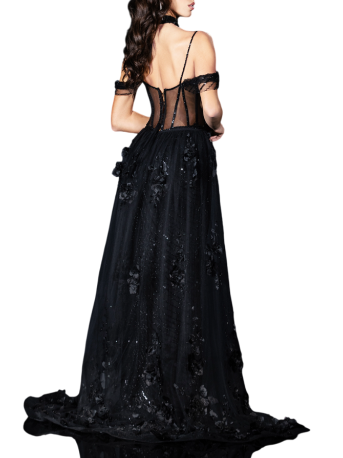 Impero Couture abito da cerimonia con paillettes e strascico con fiori nero