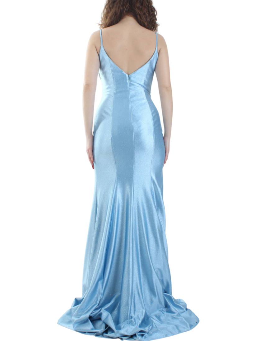 Impero Couture abito da cerimonia con trasparenze e dettagli gioiello celeste