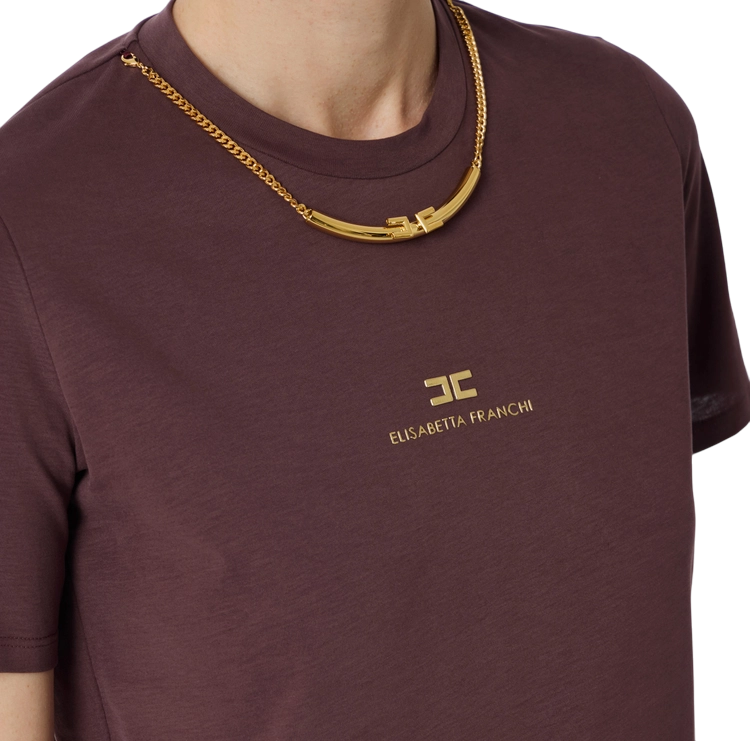 Elisabetta Franchi T-shirt in jersey con collana logata borgogna