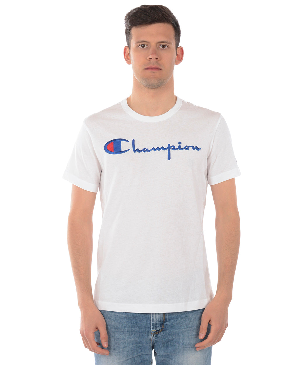 Maglietta Champion Bianca con Logo Ricamato - mem39