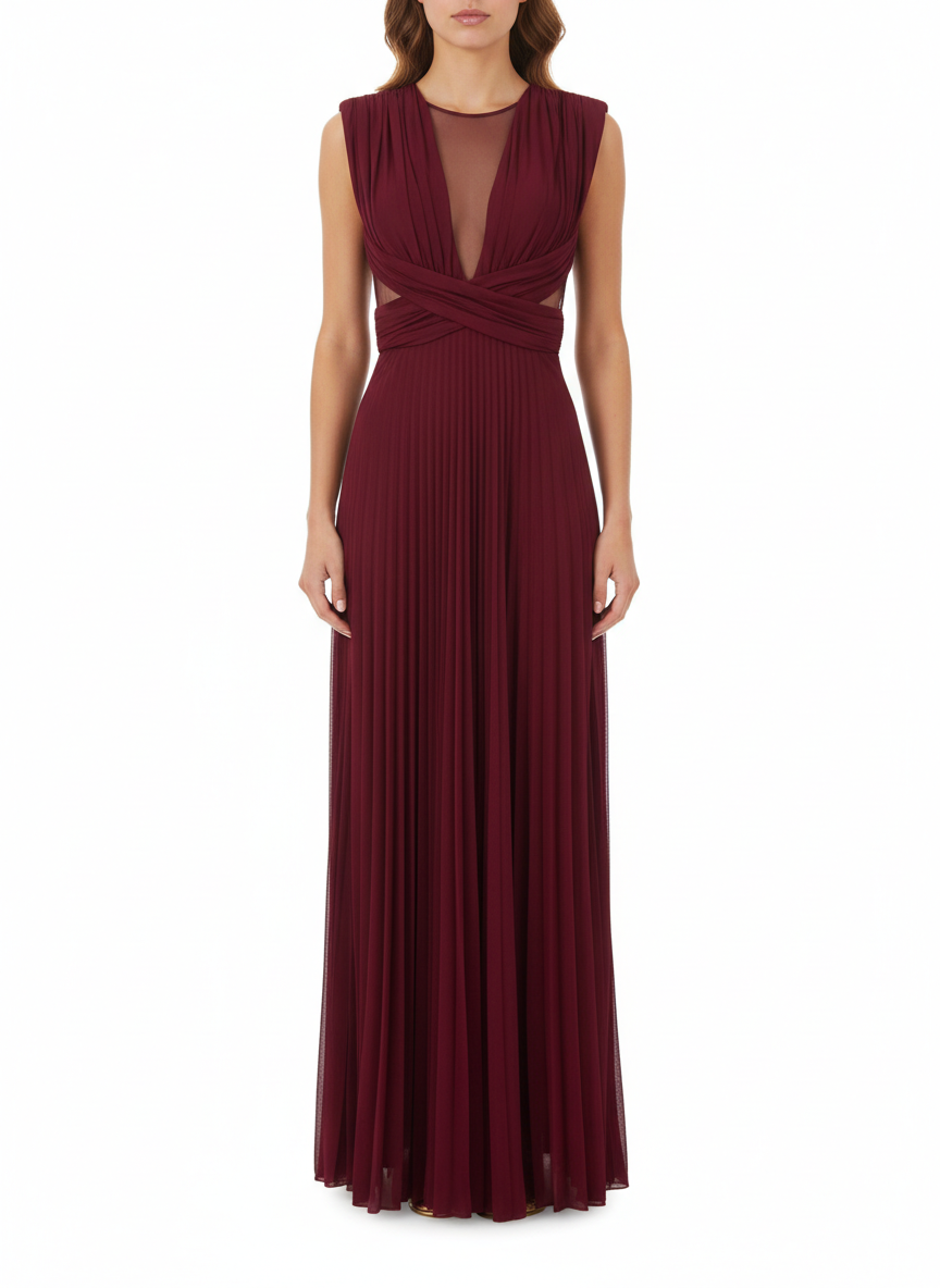 Elisabetta Franchi abito lungo plissè lurex rosso ciliegia