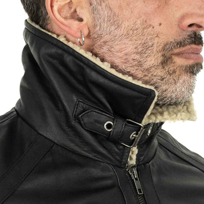 Giacca Biker In Vera Pelle Nero Interno Nero Uomo Slim In Stile Montone Collo Con Fibbia Rindway