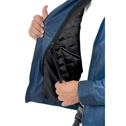 Giacca Biker In Vera Pelle Blu Medio Uomo Slim Cuciture Frontali Rindway