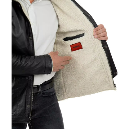 Cappotto Giacca In Vera Pelle Nera Uomo Slim Tasconi In Stile Montone Cappuccio Removibile Rindway