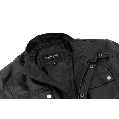 Giaccone Giacca Lungo In Vera Pelle Nera Uomo Slim Con Tasconi e Cintura Vita Rindway