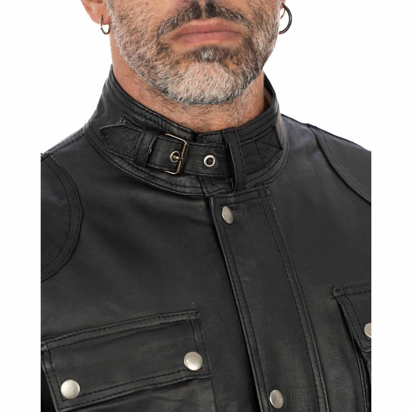 Giaccone Giacca Lungo In Vera Pelle Nera Uomo Slim Con Tasconi e Cintura Vita Rindway