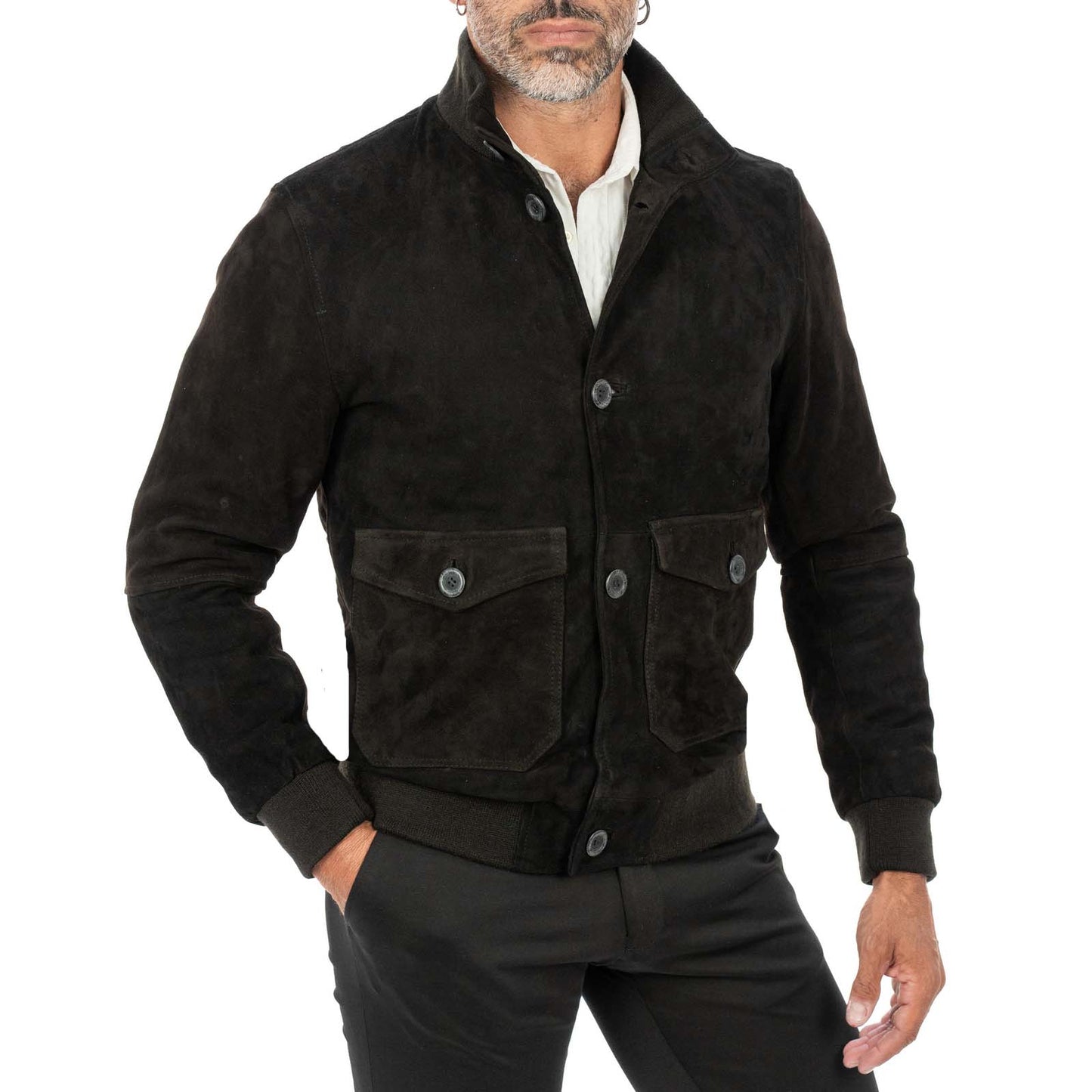 Giacca Bomber In Vera Pelle Camoscio Marrone Uomo Slim Con Bottoni E Tasconi Rindway