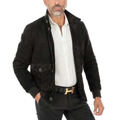 Giacca Bomber In Vera Pelle Camoscio Marrone Uomo Slim Con Bottoni E Tasconi Rindway