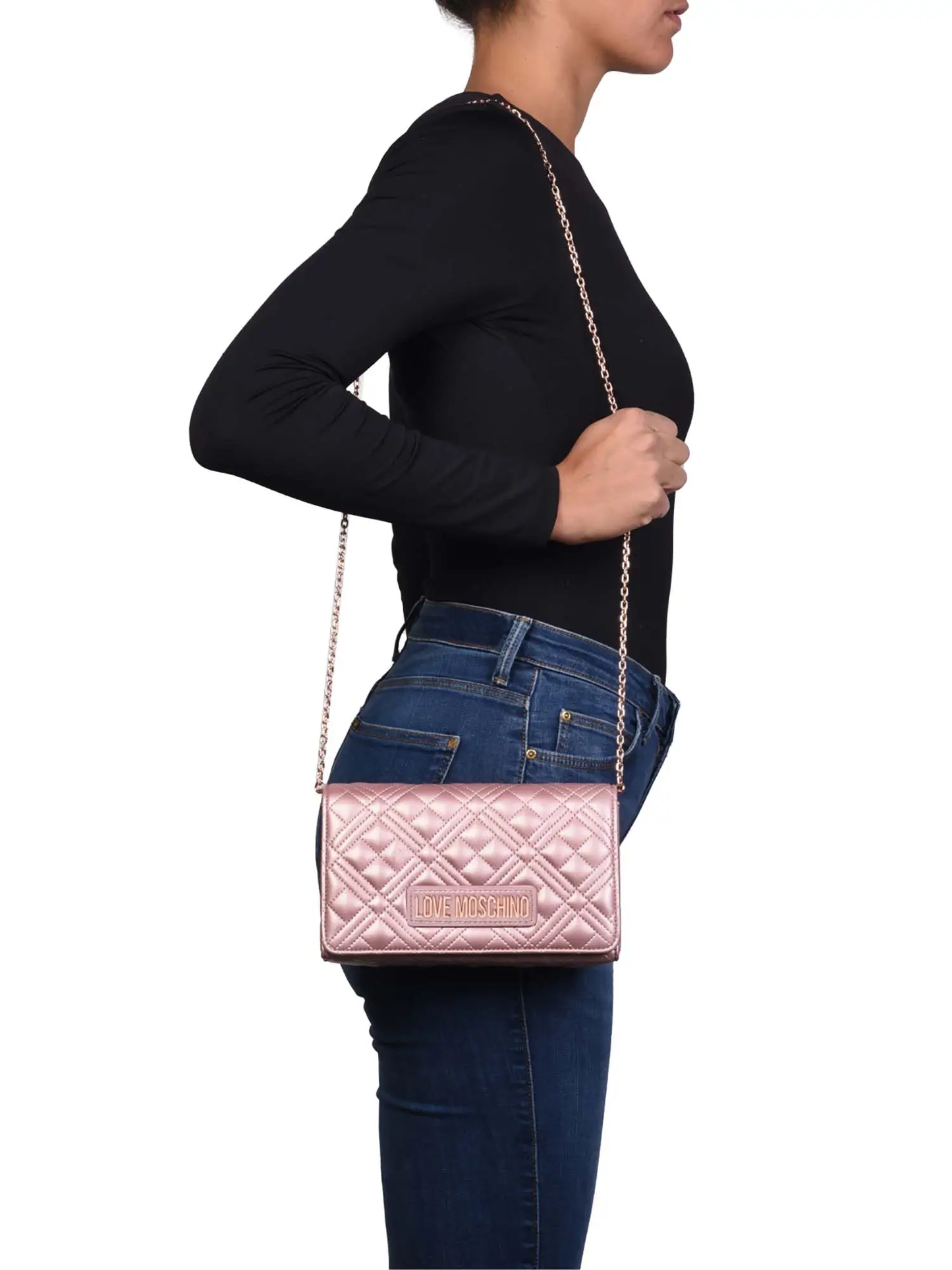 Love Moschino borsa a tracolla in ecopelle trapuntata laminata rosa