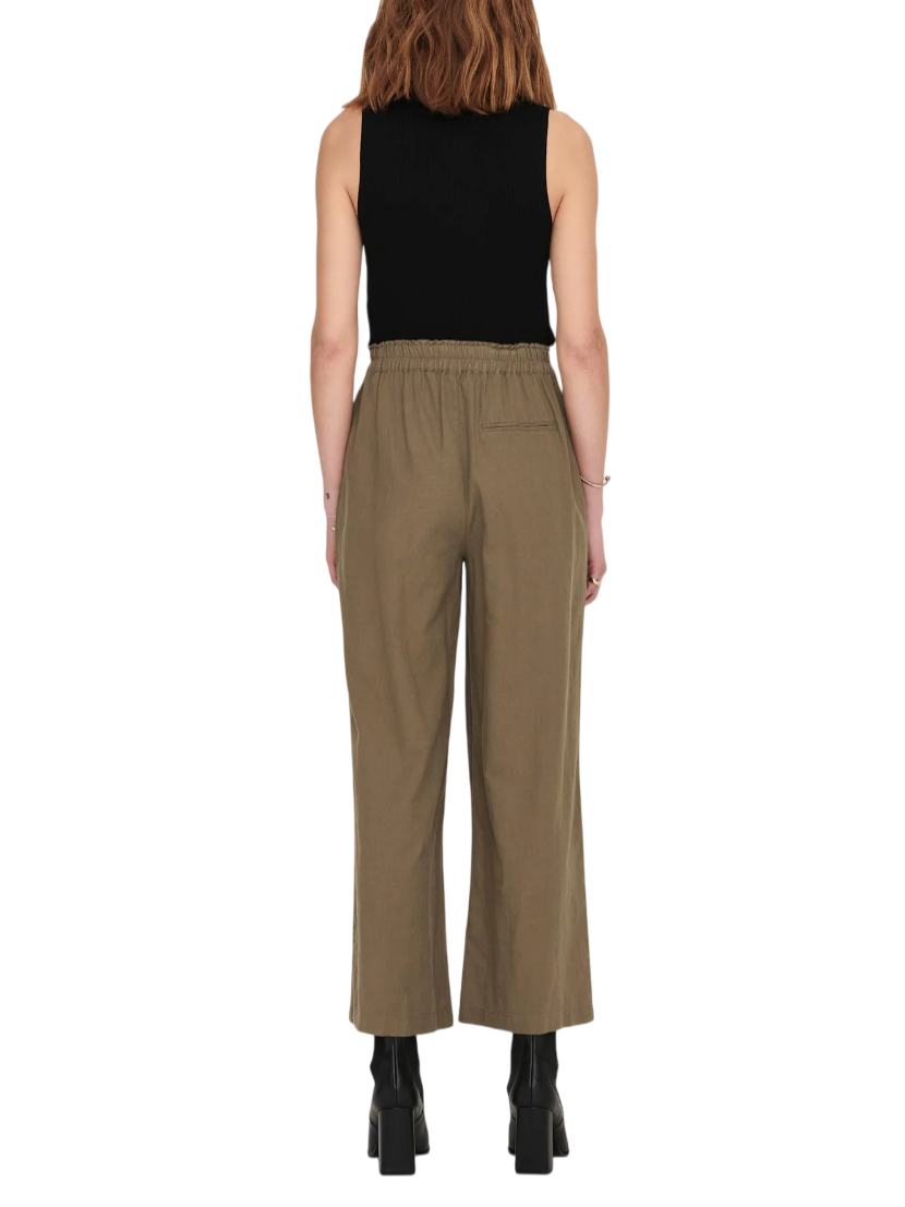 Only pantaloni gamba larga Tokyo in misto lino marrone