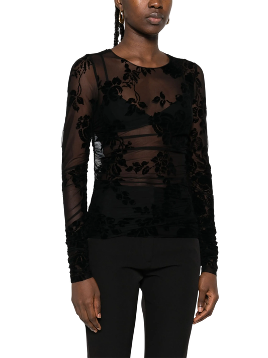 Pinko top Puzzle in tulle floreale flock nero