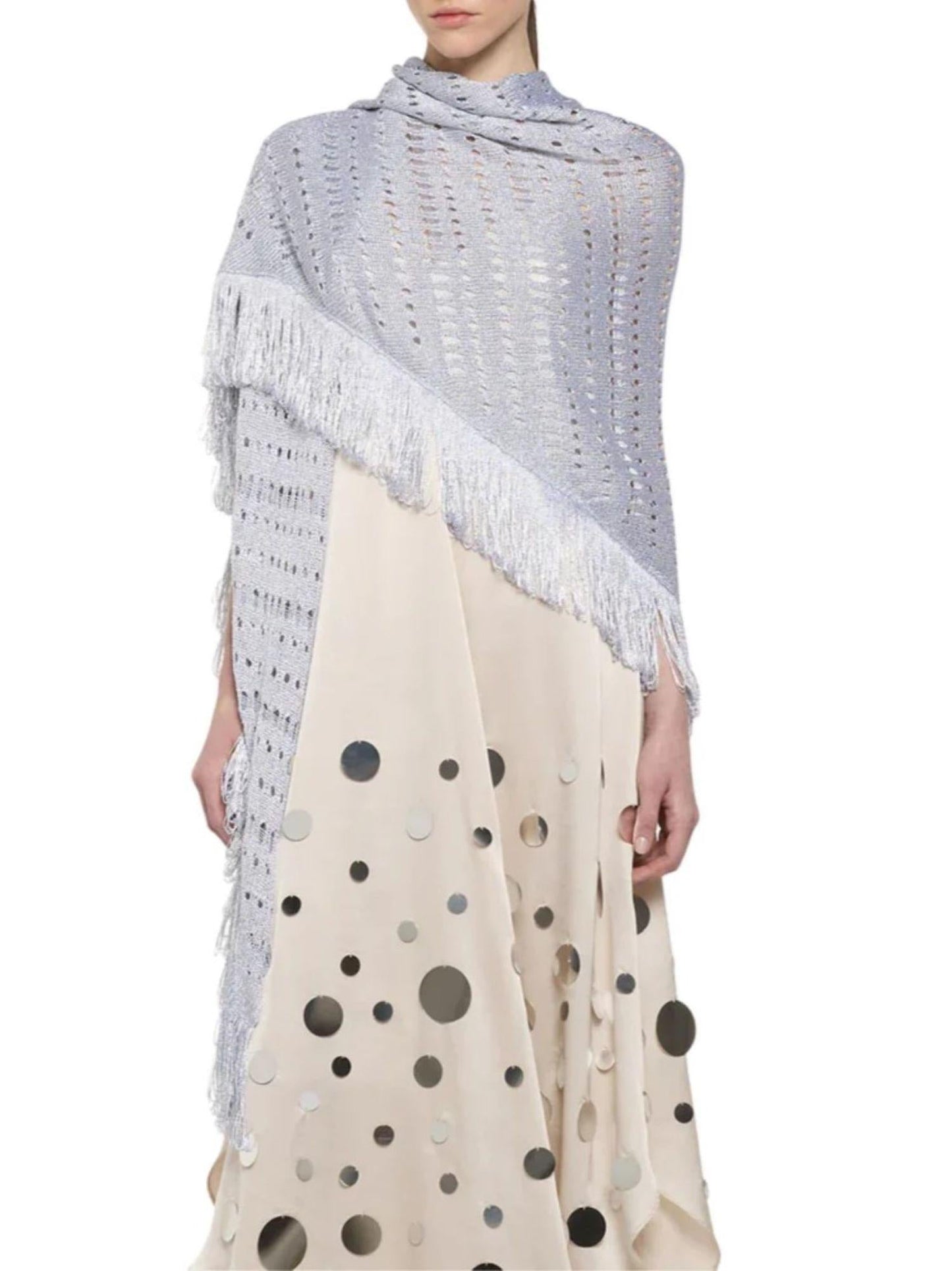 Simona Corsellini scialle traforato lurex con frange argento