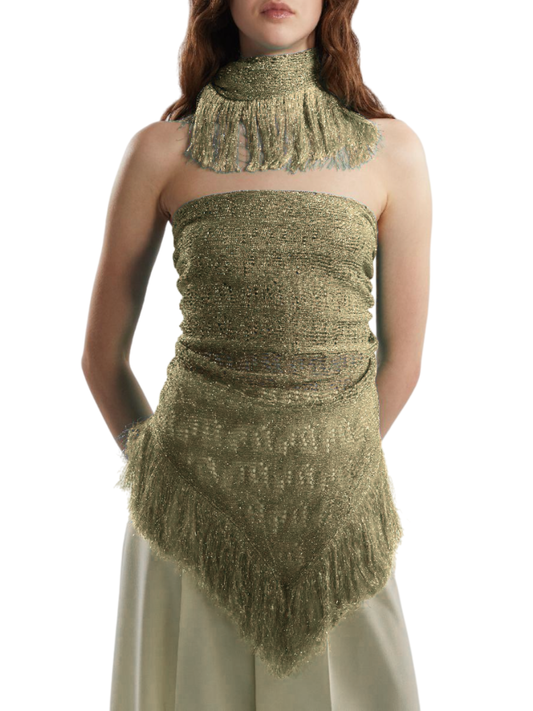 Simona Corsellini scialle in maglia traforata lurex con frange oro