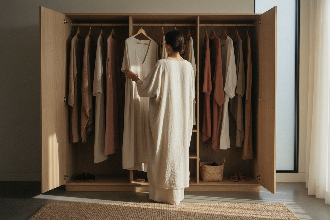 Persona che sceglie un outfit naturale davanti a un guardaroba essenziale
